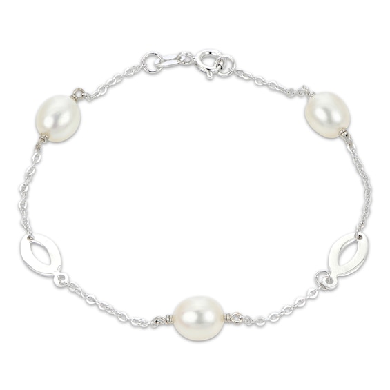 Oval-Shaped Cultured Pearl Station Bracelet Sterling Silver 7.5"