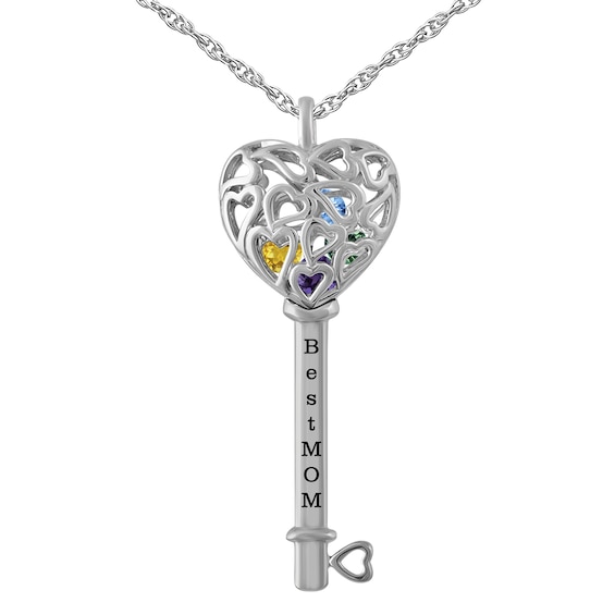 Birthstone Family & Mother's Caged Key Necklace (1-4 Stones and 1 Line)