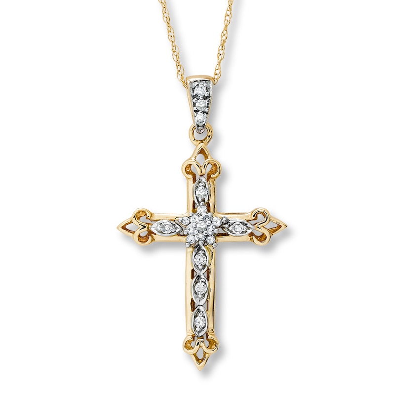 Diamond Cross Necklace 1/8 ct tw Round-cut 14K Yellow Gold