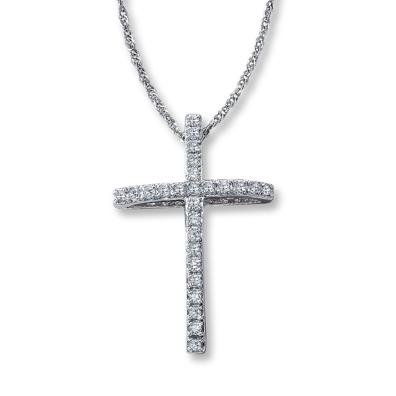 Main Image 1 of Diamond Cross Necklace 1/8 ct tw Round-cut 10K White Gold