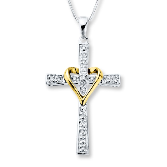 Cross Necklace 1/10 ct tw Diamonds Sterling Silver & 10K Yellow Gold