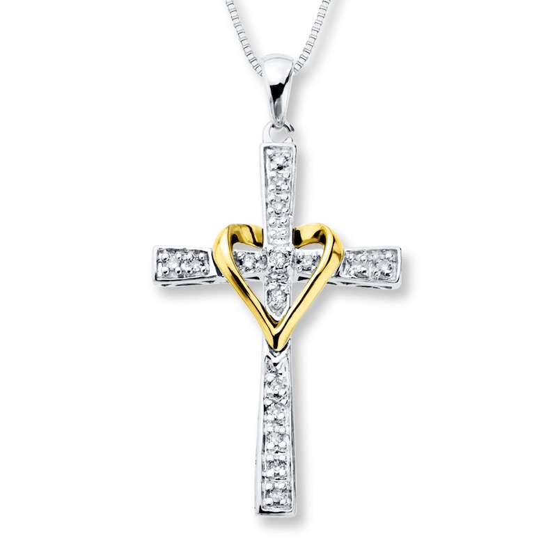 Cross Necklace 1/10 ct tw Diamonds Sterling Silver & 10K Yellow Gold