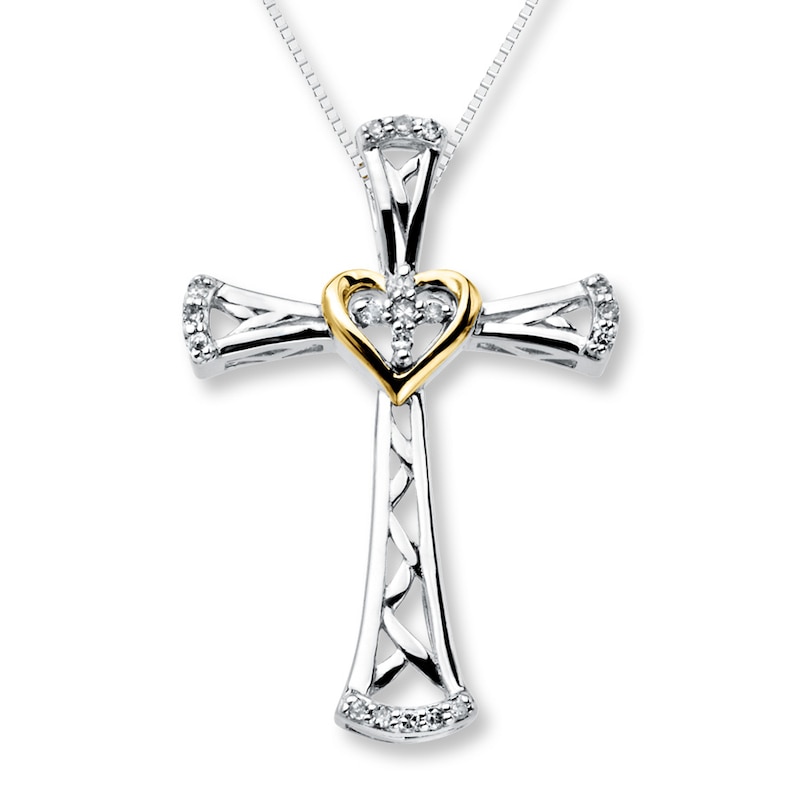 Diamond Cross Necklace 1/10 ct tw Sterling Silver & 10K Yellow Gold