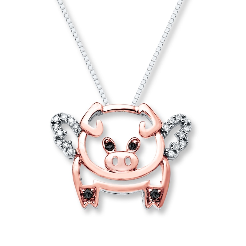 Flying Pig Necklace 1/10 cttw Diamonds Sterling Silver & 10K Rose Gold