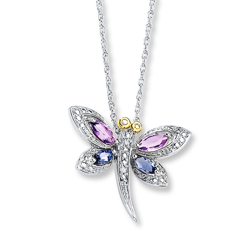 Dragonfly Necklace Amethyst/Iolite Sterling Silver/14K Gold
