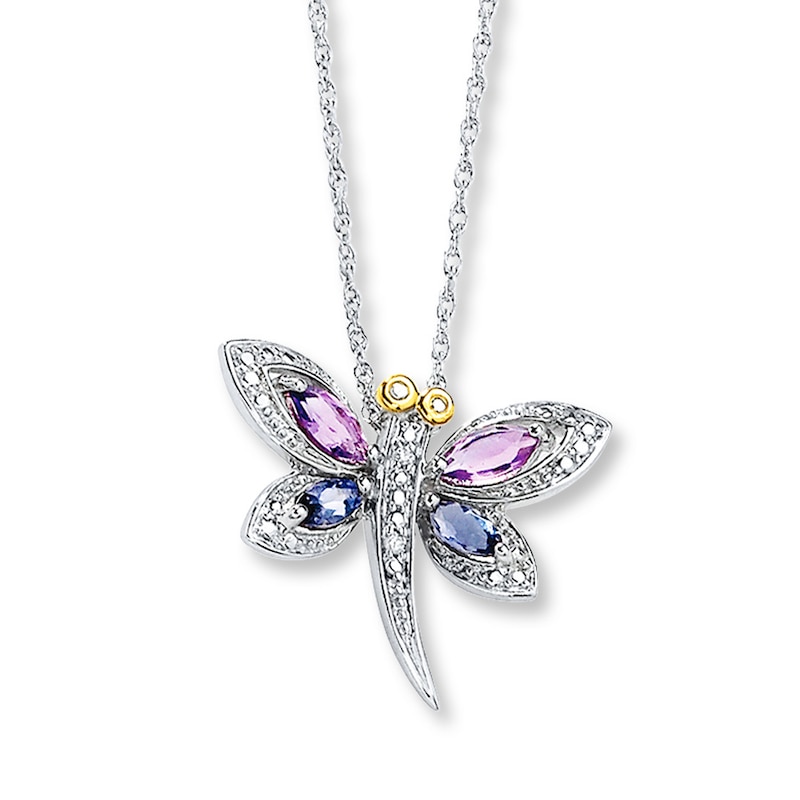 Main Image 1 of Dragonfly Necklace Amethyst/Iolite Sterling Silver/14K Gold