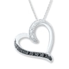 Heart Necklace Black and White Diamonds Sterling Silver 18"