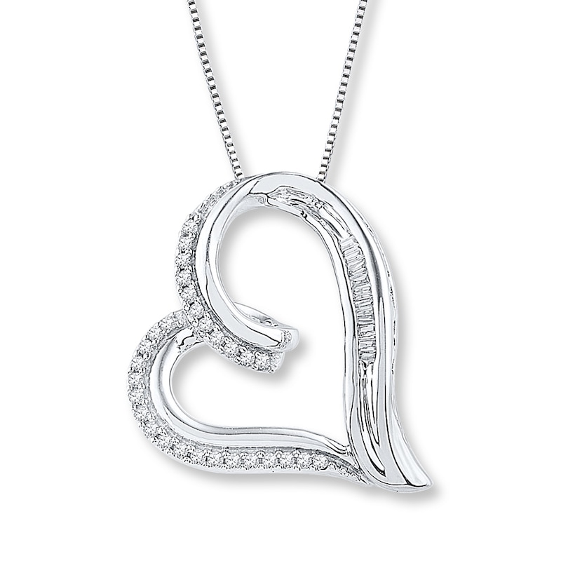 Diamond Heart Necklace 1/6 ct tw Round & Baguette Sterling Silver 18"