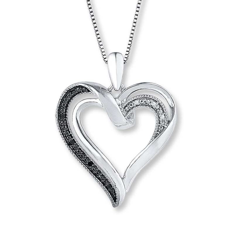Ladies SS Genuine Black & White Diamond Double Heart Pendant Necklace 18"