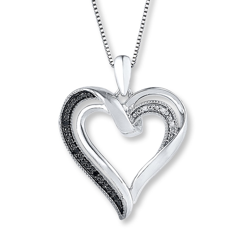 Main Image 1 of Black/White Diamond Heart Necklace Sterling Silver 18&quot;