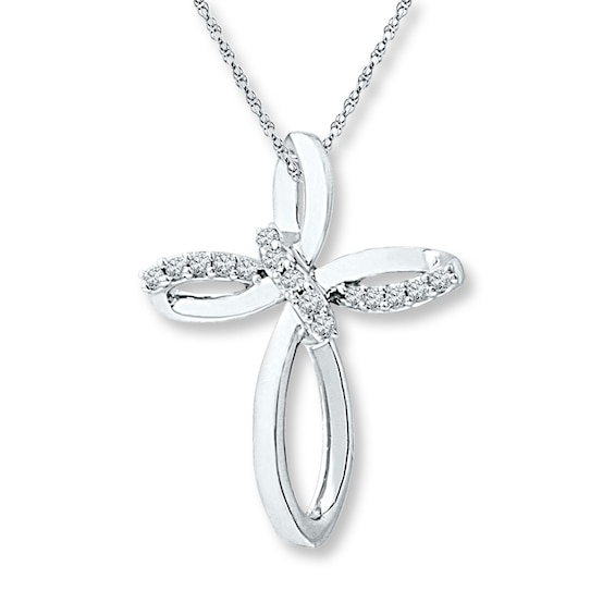 Diamond Cross Necklace 1/10 ct tw Round-cut 10K White Gold 18"