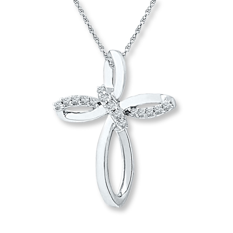Main Image 1 of Diamond Cross Necklace 1/10 ct tw Round-cut 10K White Gold 18&quot;