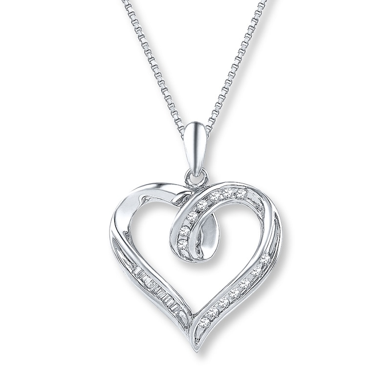 Main Image 1 of Diamond Heart Necklace 1/8 ct tw Baguette/Round Sterling Silver