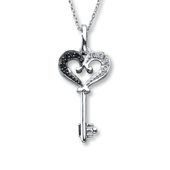 Black & White Diamond Heart Key Necklace 1/10 Carat tw Sterling Silver 18"