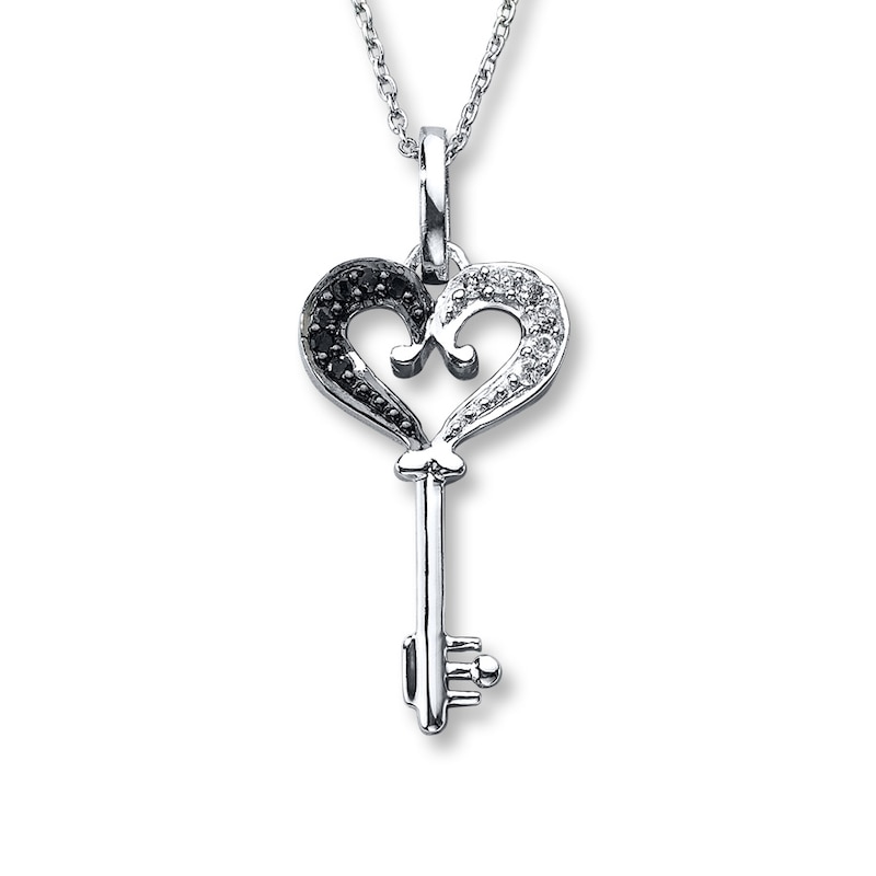 Main Image 1 of Black & White Diamond Heart Key Necklace 1/10 Carat tw Sterling Silver 18&quot;