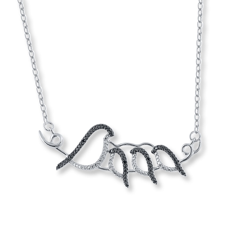 Bird Necklace Black & White Diamonds Sterling Silver