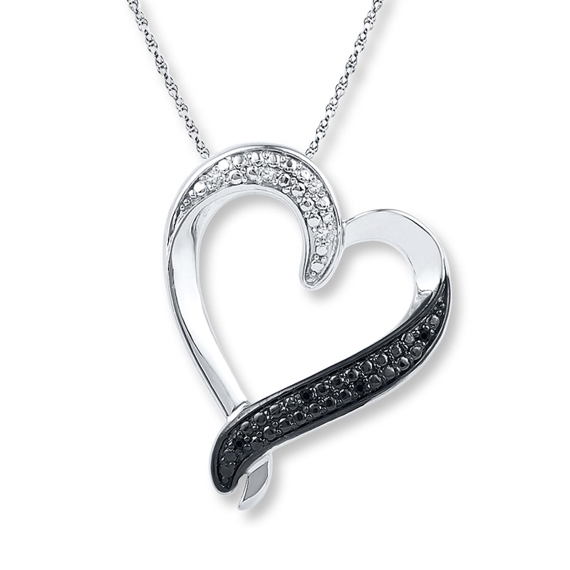 Diamond Heart Necklace Black & White Sterling Silver 18"