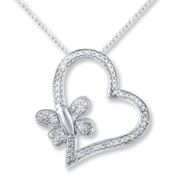 Butterfly and Heart Diamond Accents Sterling Silver Necklace
