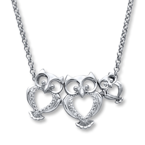 Owl Family Necklace Diamond Accents Sterling Silver