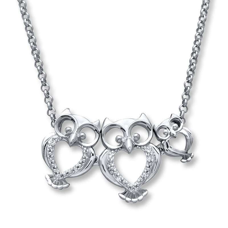 Main Image 1 of Owl Family Necklace Diamond Accents Sterling Silver