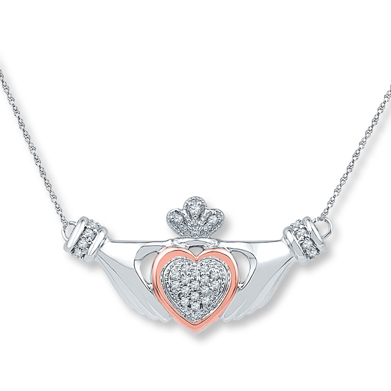 Claddagh Necklace 1/8 ct tw Diamonds Silver & 10K Rose Gold