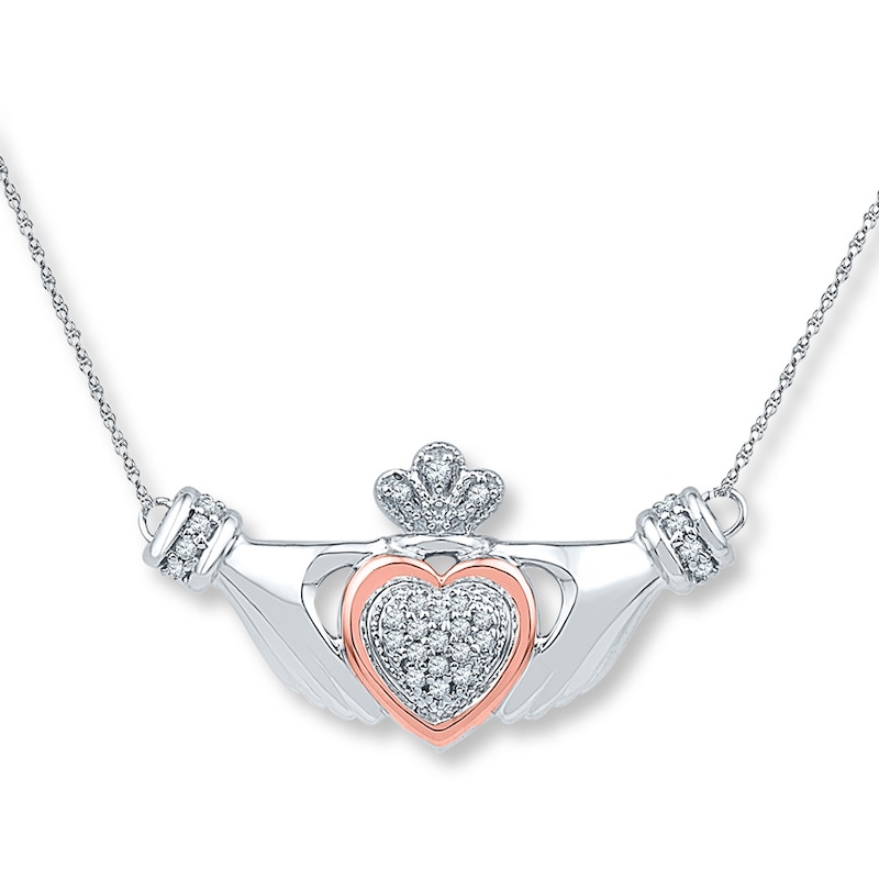 Main Image 1 of Claddagh Necklace 1/8 ct tw Diamonds Silver & 10K Rose Gold