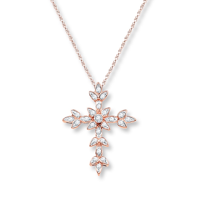 Main Image 1 of Diamond Cross Necklace 1/8 ct tw Round-cut 10K Rose Gold