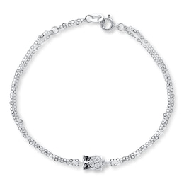 Young Teen Owl Bracelet Black & White Diamonds Sterling Silver