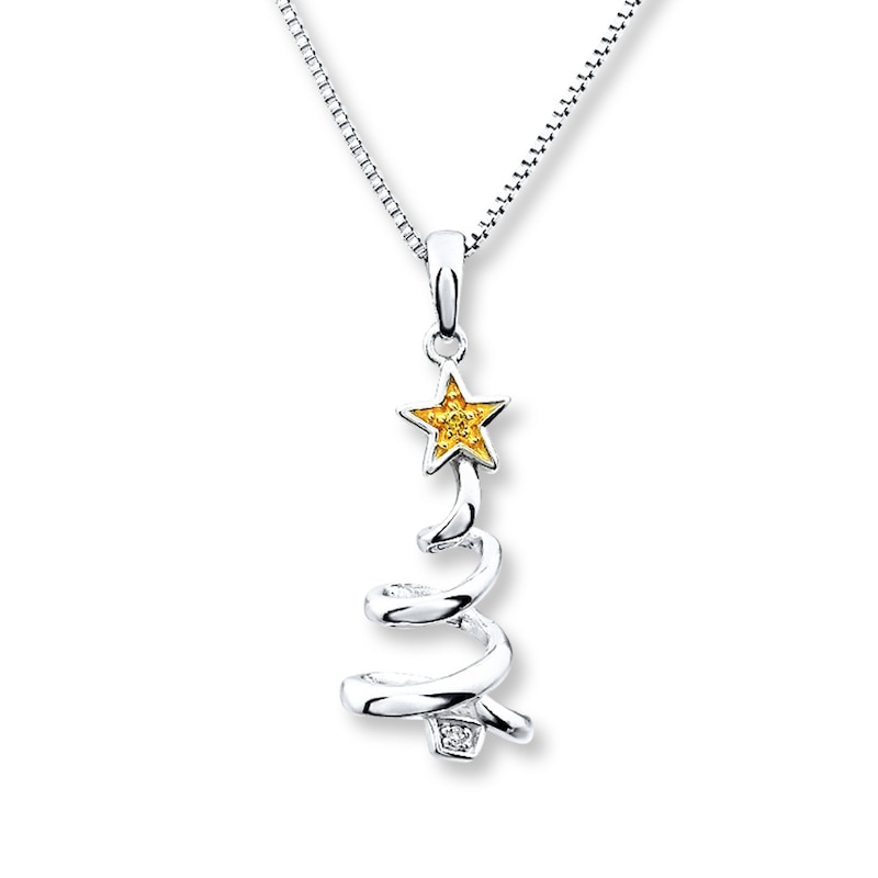 Christmas Tree Necklace With Diamonds Sterling Silver & 10K Yellow Gold