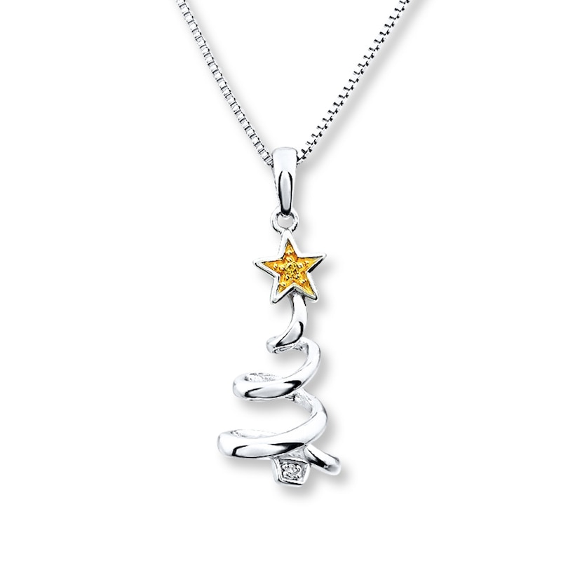 Main Image 1 of Christmas Tree Necklace With Diamonds Sterling Silver & 10K Yellow Gold