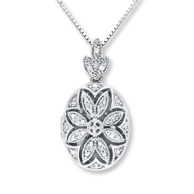 Main Image 1 of Oval Locket Necklace 1/10 ct tw Diamonds Sterling Silver