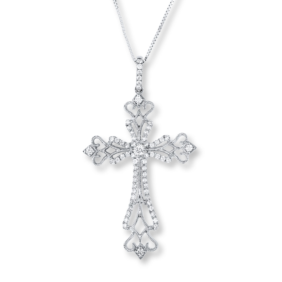 Main Image 1 of Diamond Cross Necklace 3/8 ct tw Round-cut 10K White Gold