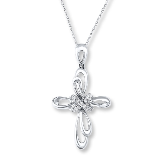 Diamond Cross Necklace 1/10 ct tw Round-cut 10K White Gold