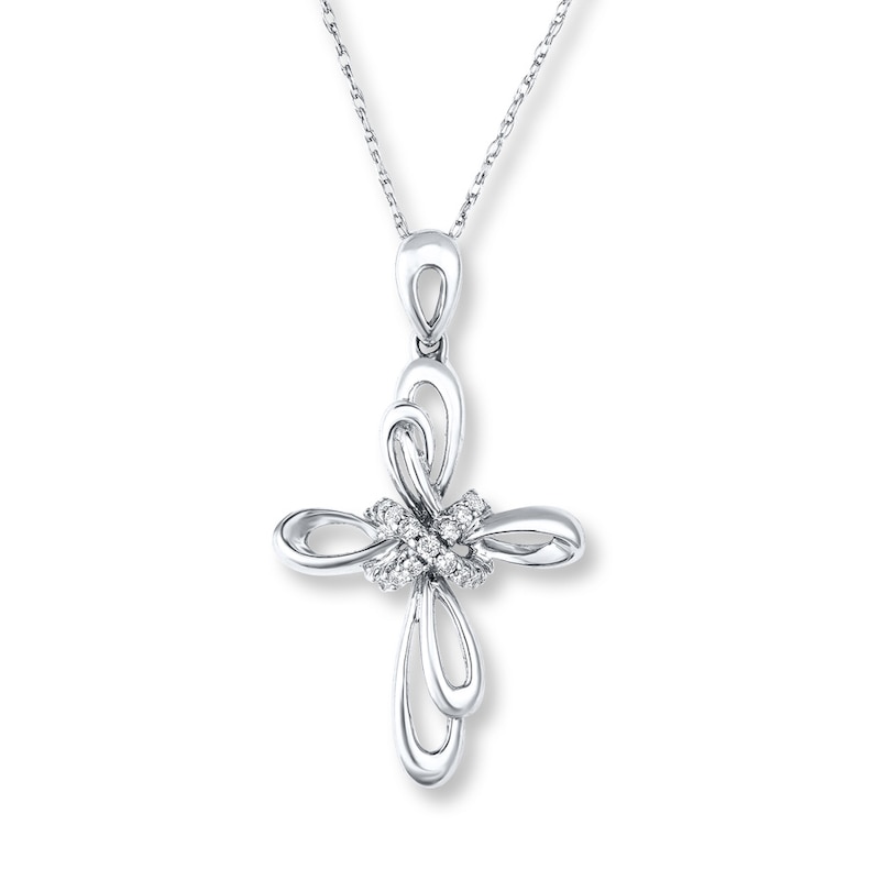 Main Image 1 of Diamond Cross Necklace 1/10 ct tw Round-cut 10K White Gold