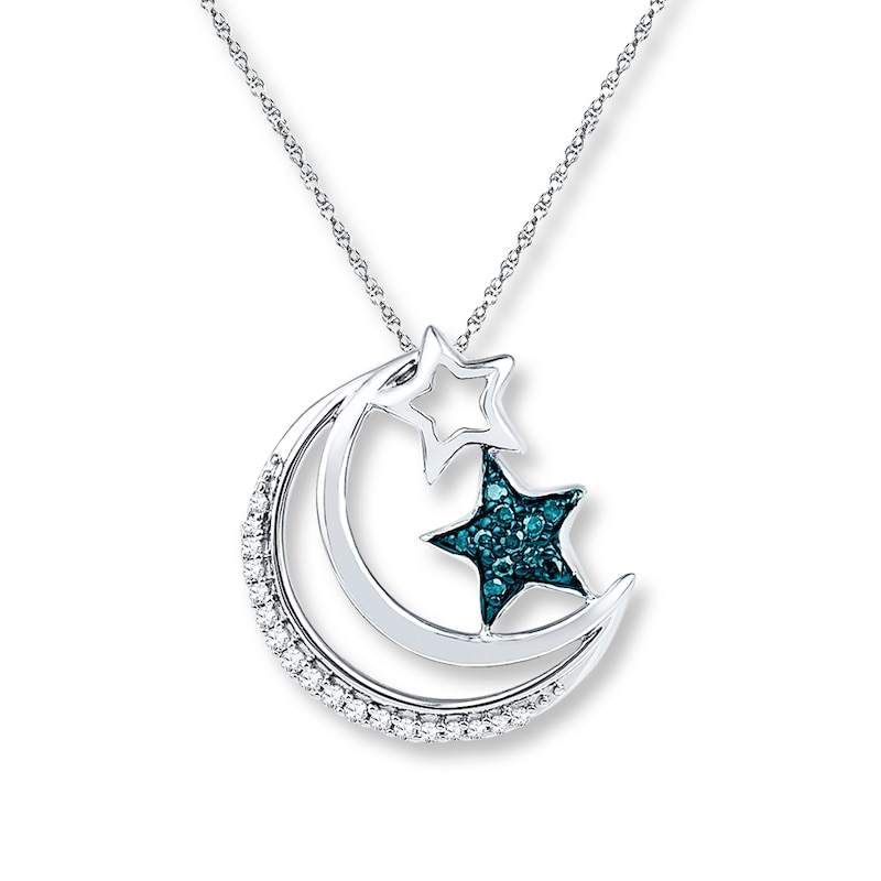 Main Image 1 of Moon & Star Necklace 1/8 ct tw Blue Diamonds Sterling Silver