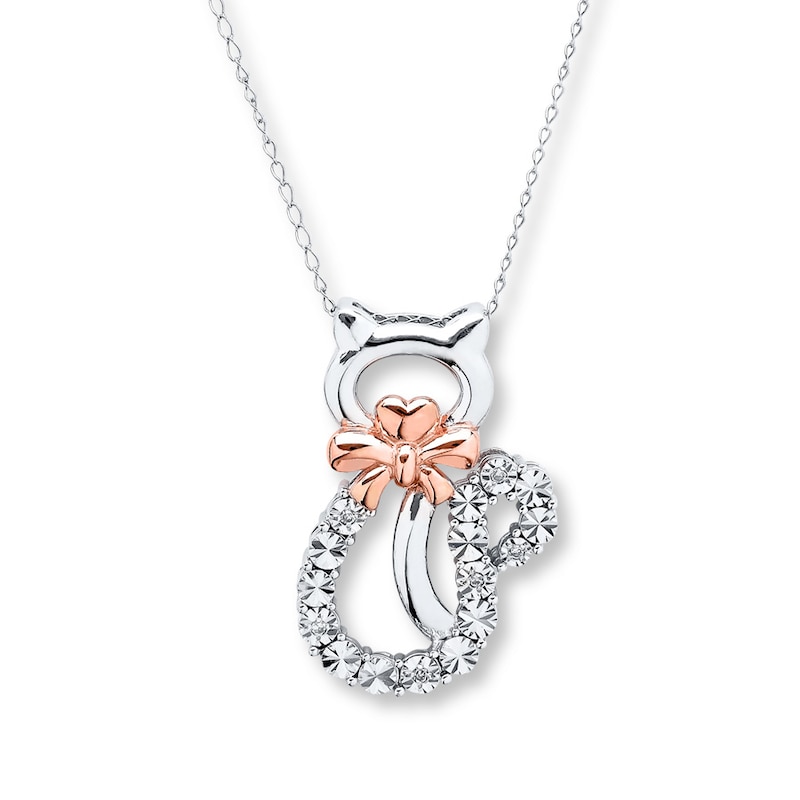 Main Image 1 of Cat with Bow Necklace Diamond Accents Sterling Silver