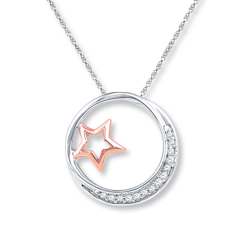 Main Image 1 of Moon & Star Necklace 1/15 ct tw Diamonds Sterling Silver & 10K Rose Gold