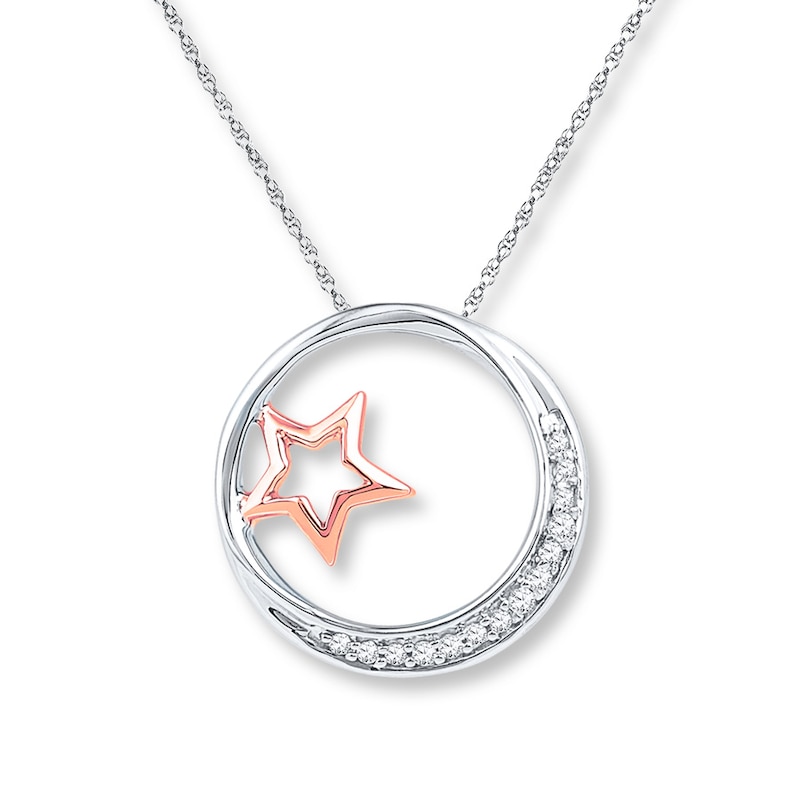 Moon & Star Necklace 1/15 ct tw Diamonds Sterling Silver & 10K Rose Gold