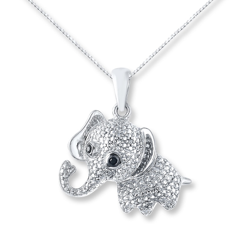 Elephant Necklace Black & White Diamonds Sterling Silver