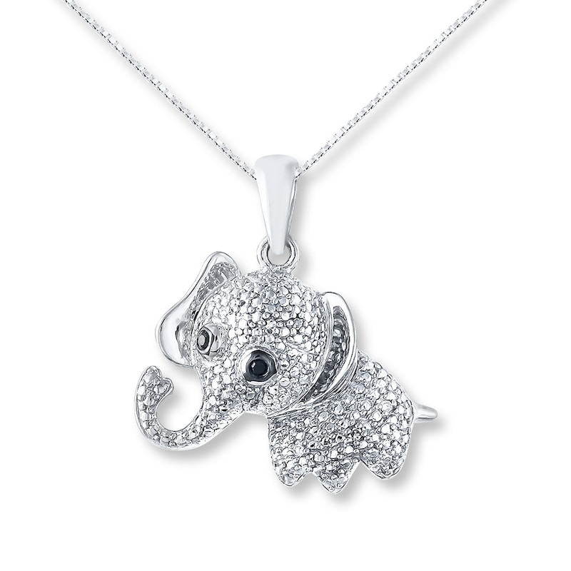 Main Image 1 of Elephant Necklace Black & White Diamonds Sterling Silver