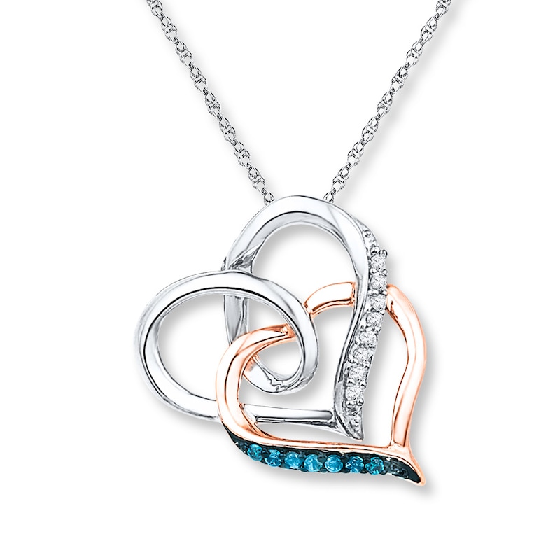 Main Image 1 of Blue/White Diamonds 1/15 cttw Necklace Sterling Silver & 10K Rose Gold