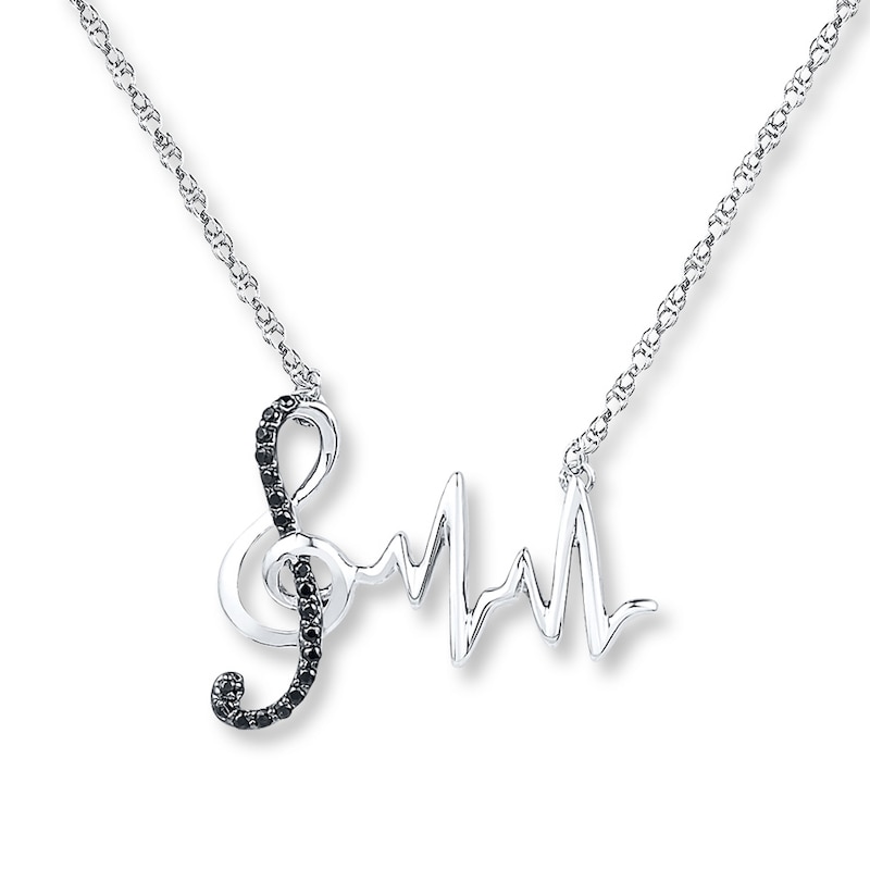 Main Image 1 of Music Heartbeat Black Diamond Necklace 1/15 ctw Sterling Silver