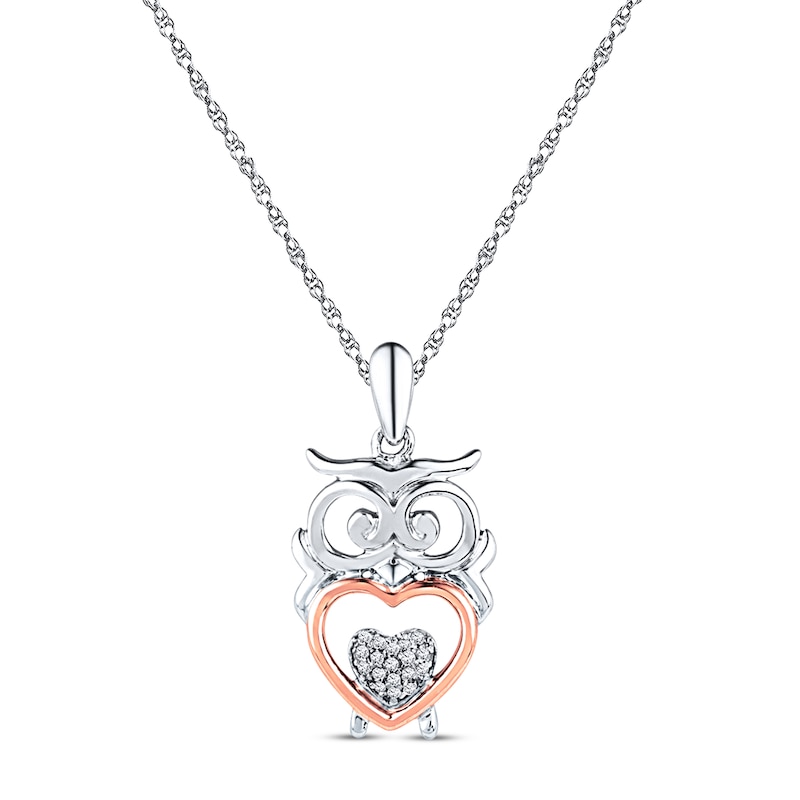 Main Image 1 of Diamond Owl Necklace 1/20 carat tw Sterling Silver & 10K Rose Gold