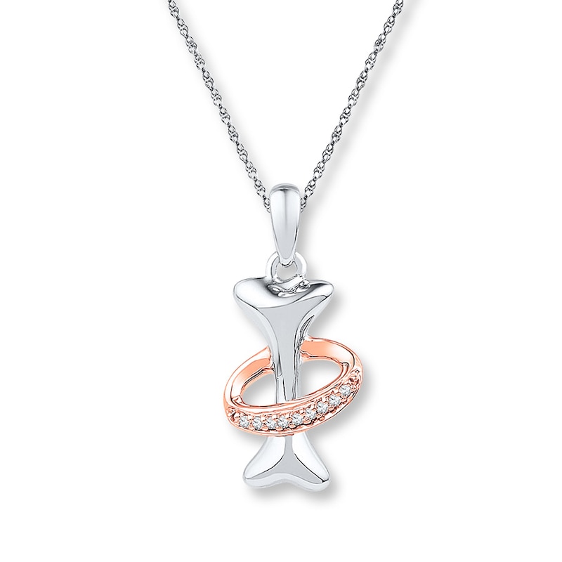 Dog Bone Necklace Diamond Accents Sterling Silver & 10K Rose Gold