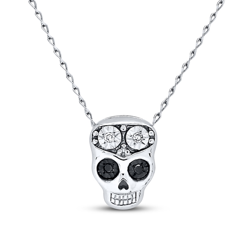 Main Image 1 of Young Teen Skull Necklace Black&White Diamonds Sterling Silver