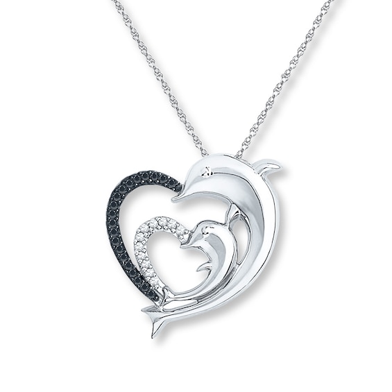 Dolphin & Heart 1/8 ct tw Diamonds Sterling Silver Necklace 18"