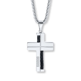 Men's Cross Necklace Diamond Accents Stainless Steel