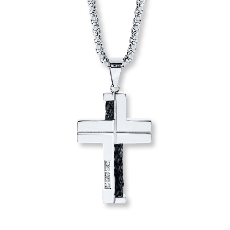 Main Image 1 of Men's Cross Necklace Diamond Accents Stainless Steel
