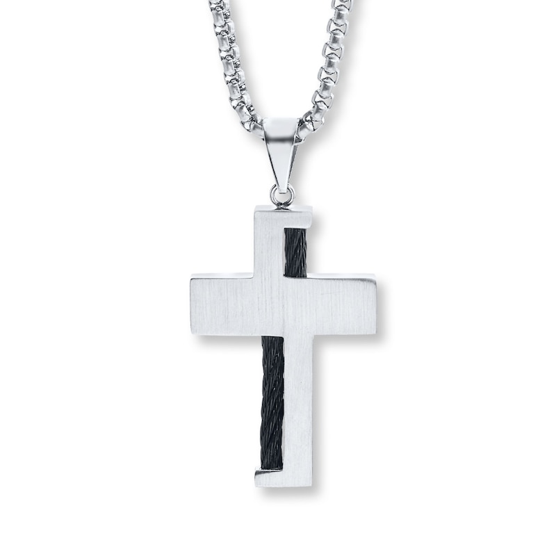 Men's Cross Necklace Diamond Accents Stainless Steel