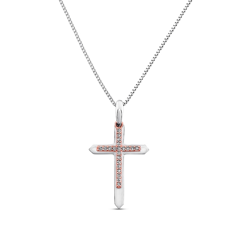 Diamond Cross Necklace 1/15 ct tw Sterling Silver & 10K Rose Gold
